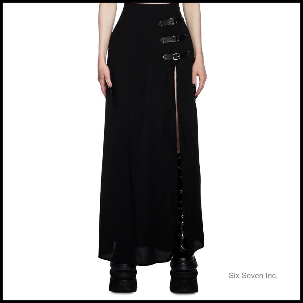 High Rise Maxi Skirt with Side Slit Vegan Leather Buckle Zipper Closure
